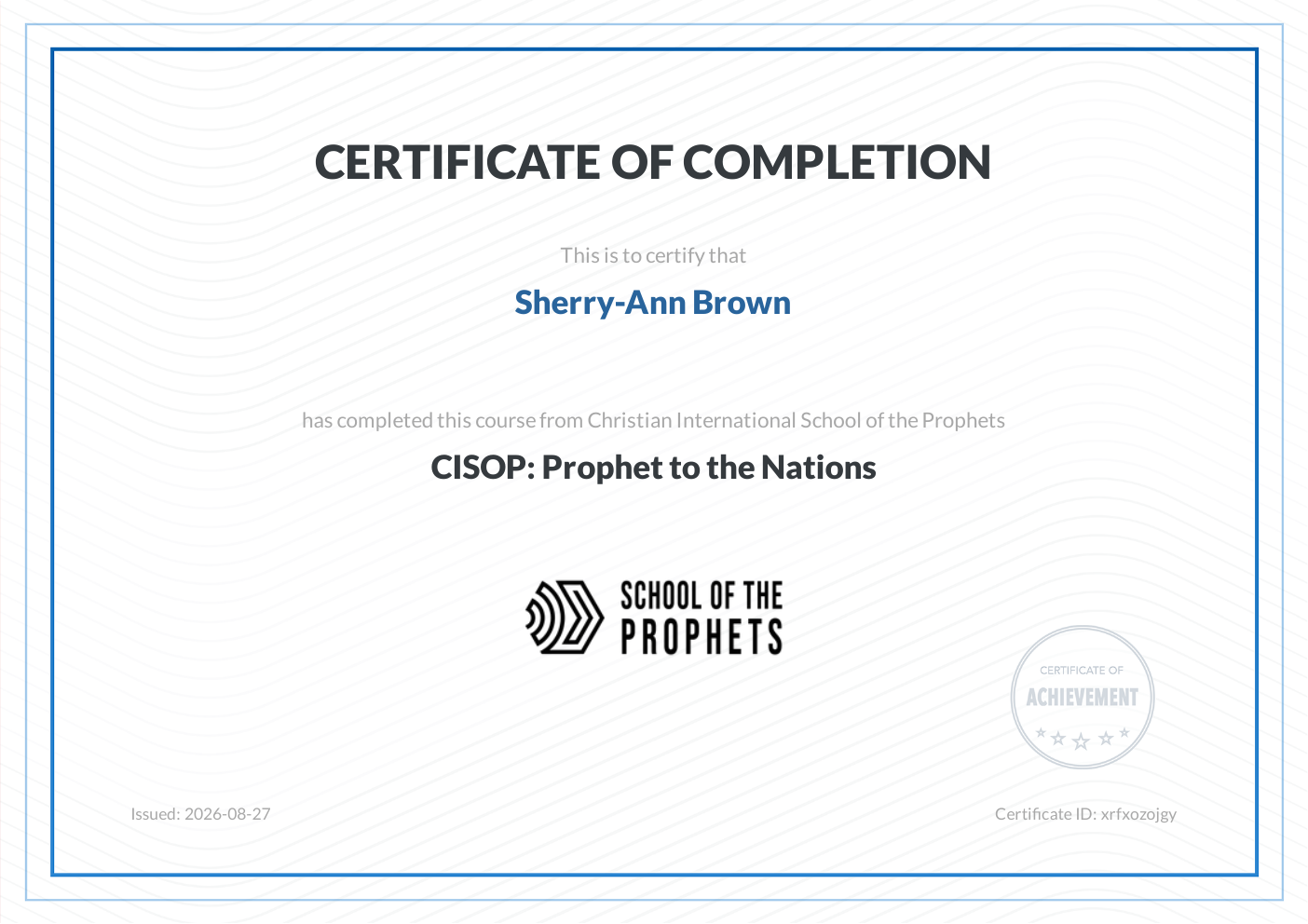CISOP: Prophet to the Nations certificate issued to Sherry-Ann Brown