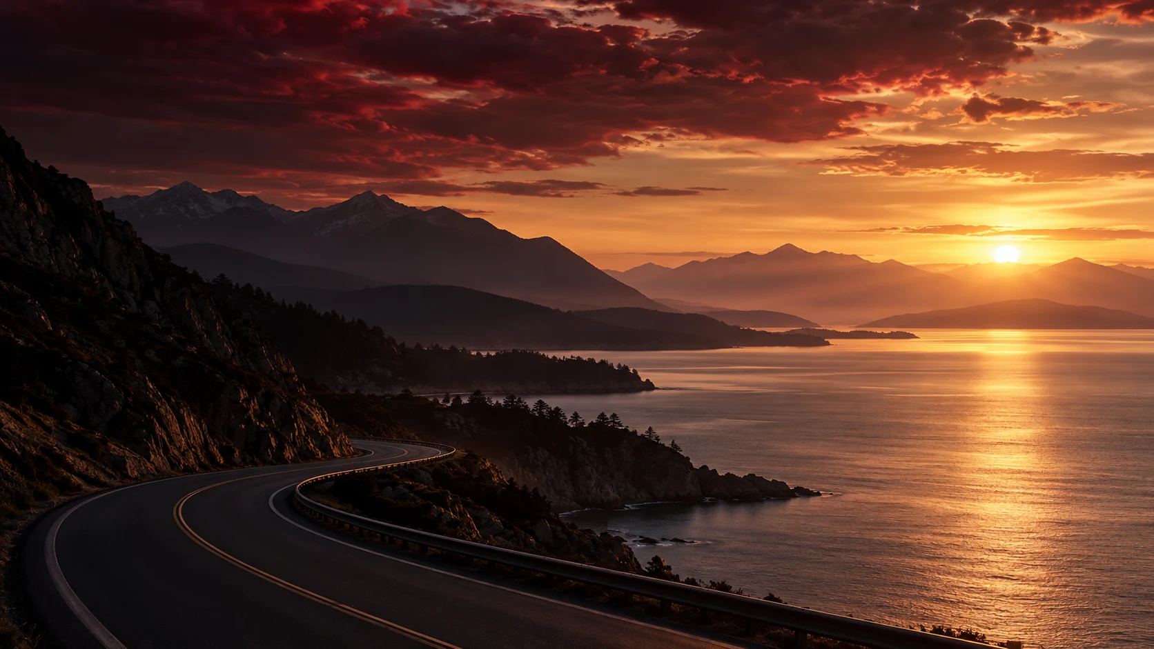A coastal road curves toward sunlit mountains and a golden horizon.