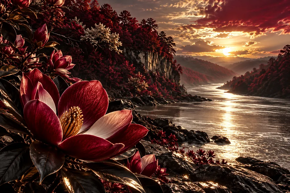 Original symbolic landscape inspired by Alabama: silver river bends through a dark wooded bluff, crimson magnolia blossom in sharp foreground, low viewpoint from the riverbank.