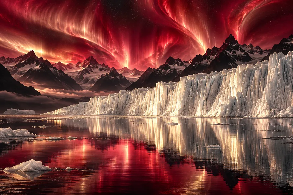 Original symbolic landscape inspired by Alaska: towering glacier wall in pearl-white and silver, black mountain silhouettes, a crimson aurora flowing above still fjord water, panoramic distance.