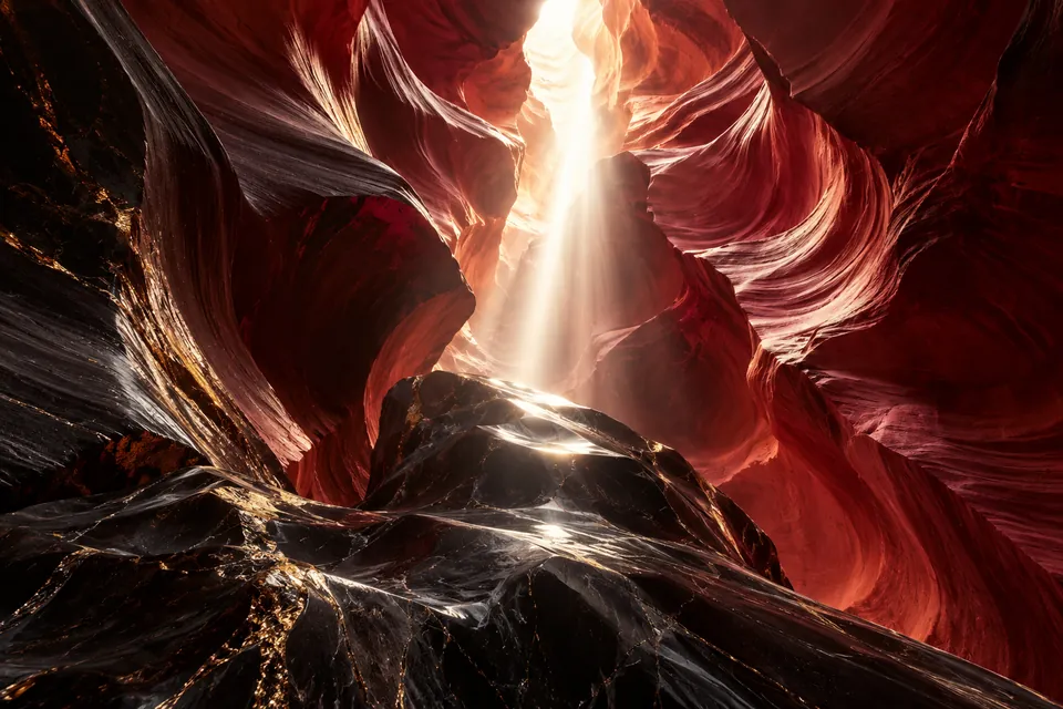 Original symbolic landscape inspired by Arizona: monumental crimson sandstone slot canyon with a single shaft of ivory light striking polished black stone, looking upward through narrow walls.