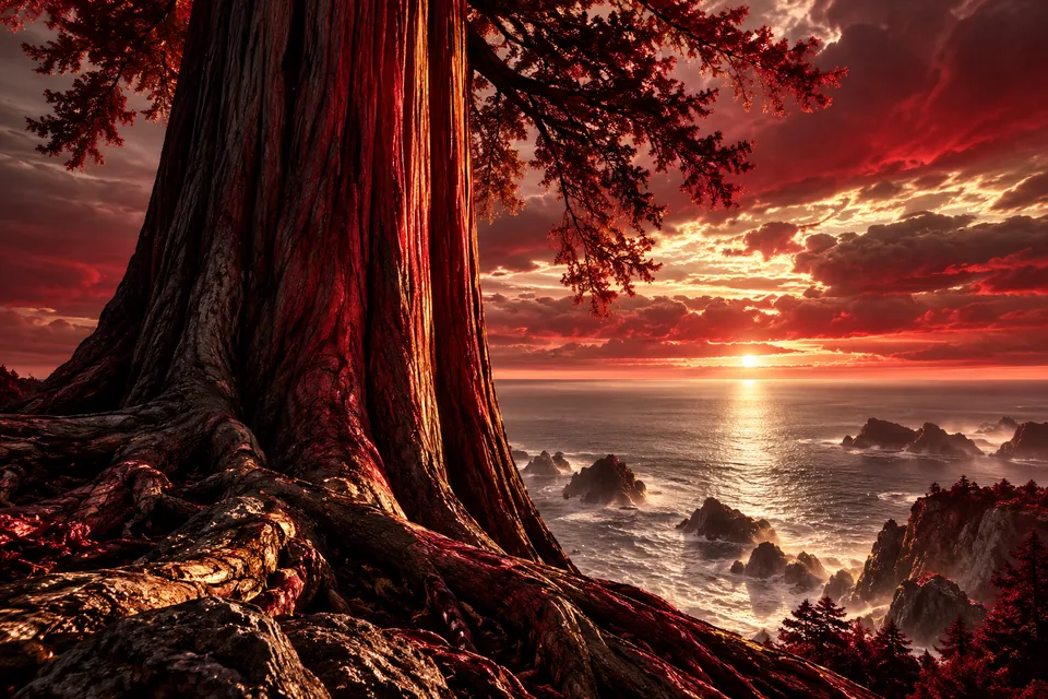 Original symbolic landscape inspired by California: a solitary immense coastal redwood trunk framing a narrow silver ocean horizon, crimson bark glow, low-angle vertical grandeur within a wide image.