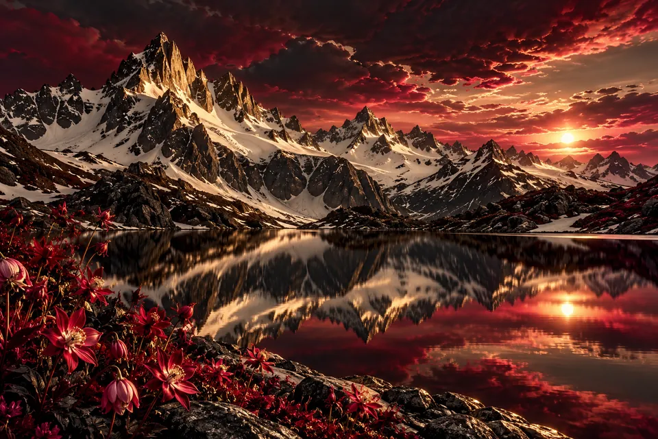 Original symbolic landscape inspired by Colorado: jagged snow peaks reflected in a dark alpine tarn with sculptural crimson wildflowers at the lower edge, asymmetric mountain panorama.