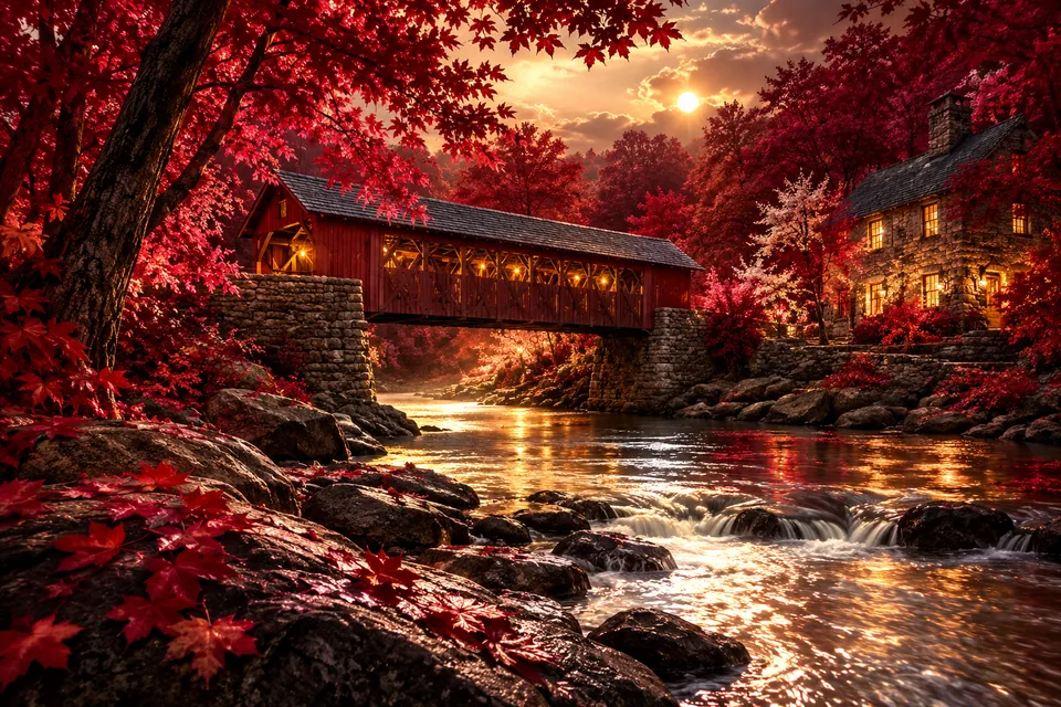 Original symbolic landscape inspired by Connecticut: a small historic covered bridge over a silver stream among crimson maples, warm illuminated windows, intimate oblique riverside perspective.