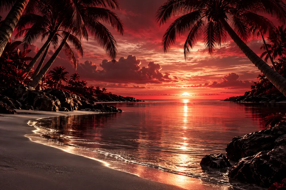 Original symbolic landscape inspired by Florida: rose dawn over a still Gulf inlet framed by arching dark palms and a curved silver shoreline, luminous low horizon.