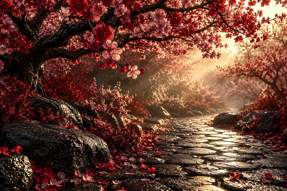 Original symbolic landscape inspired by Georgia: crimson peach blossoms arch above a dark cobblestone garden walkway with silver dew, intimate morning light, no buildings.