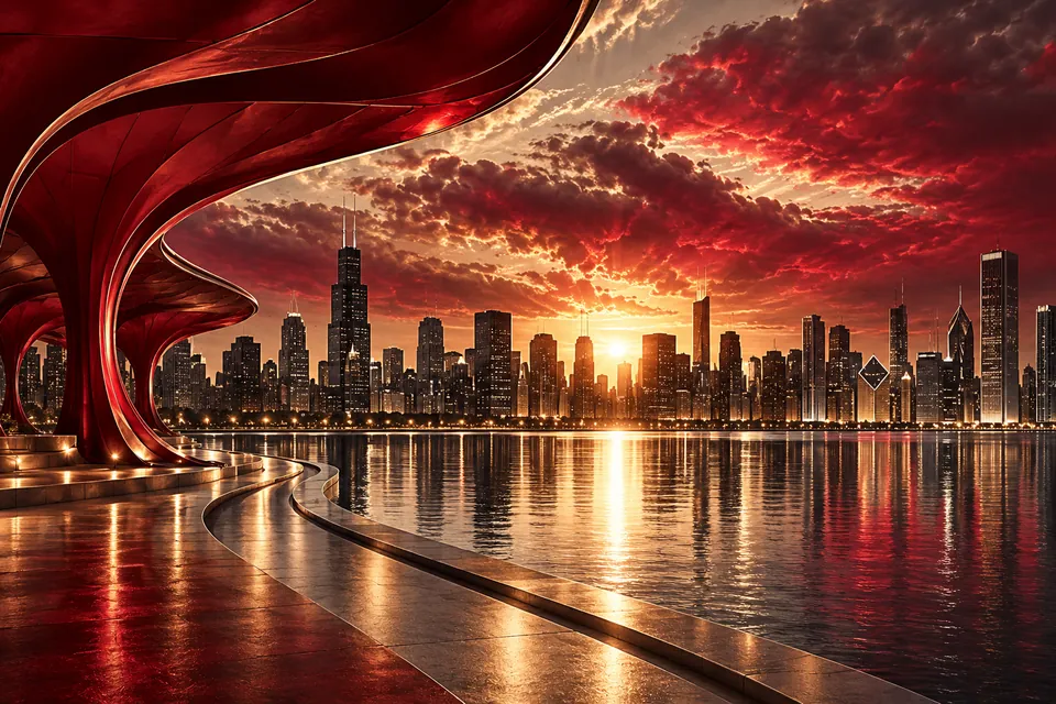 Original symbolic landscape inspired by Illinois: Chicago-inspired skyline silhouettes beyond a silver waterfront with one crimson sculptural canopy in foreground, grand urban perspective.