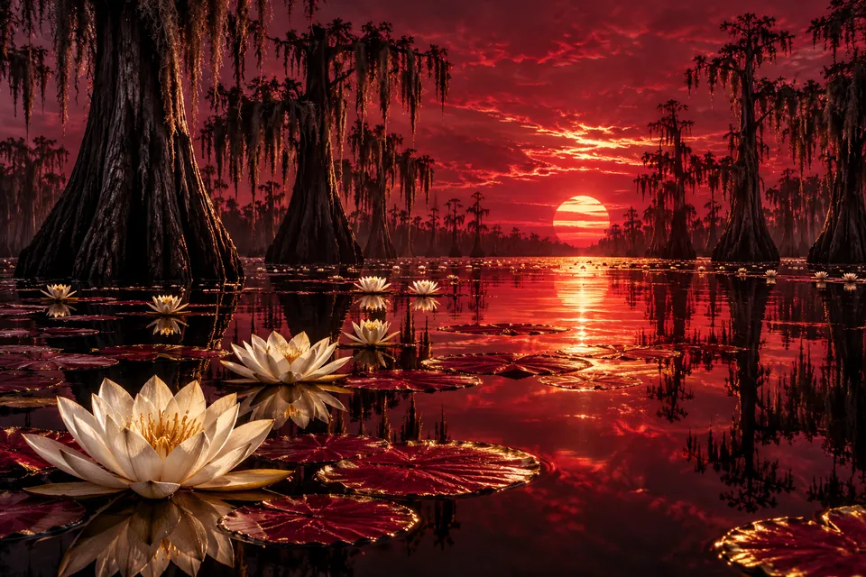 Original symbolic landscape inspired by Louisiana: moss-draped cypress silhouettes stand in still black bayou water with ivory water lilies and crimson sunset reflection, quiet low water-level view.