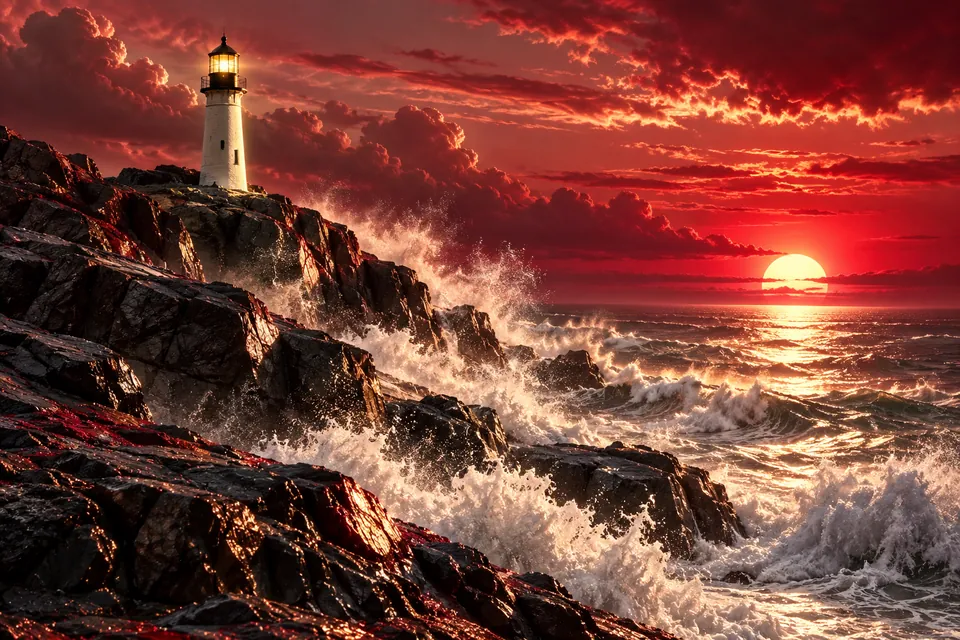 Original symbolic landscape inspired by Maine: a slender white lighthouse on black coastal granite beside silver crashing surf and crimson dawn, dramatic diagonal cliff composition.