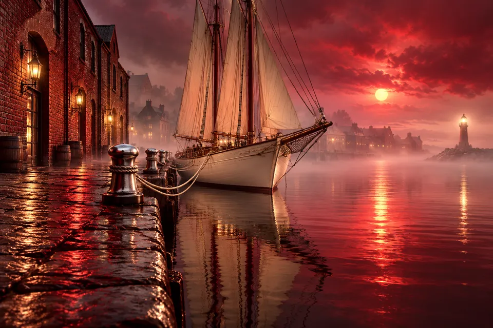 Original symbolic landscape inspired by Massachusetts: an old brick harbor wharf with silver mooring posts and a moored ivory schooner, crimson reflections, foggy atmospheric morning.