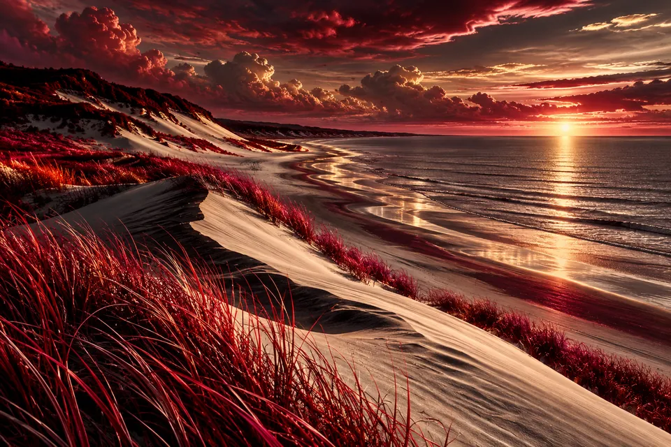 Original symbolic landscape inspired by Michigan: a sweeping black-and-ivory Great Lakes dune rises above silver water, crimson beach grass, curve from close foreground to open horizon.