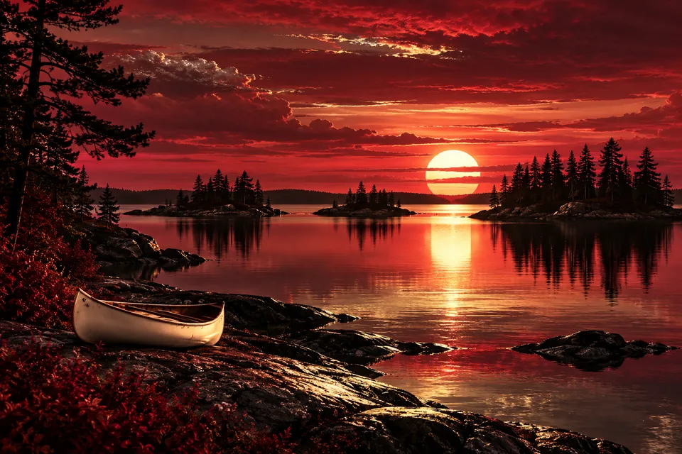 Original symbolic landscape inspired by Minnesota: a still northern lake dotted with dark pine islands and a single ivory canoe on shore, crimson dusk and silver reflections, high quiet composition.
