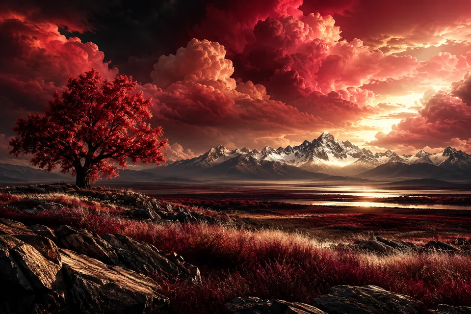 Original symbolic landscape inspired by Montana: a vast dark prairie opens to distant silver mountain peaks with a solitary crimson cottonwood tree, enormous rose cloud sky, expansive panorama.
