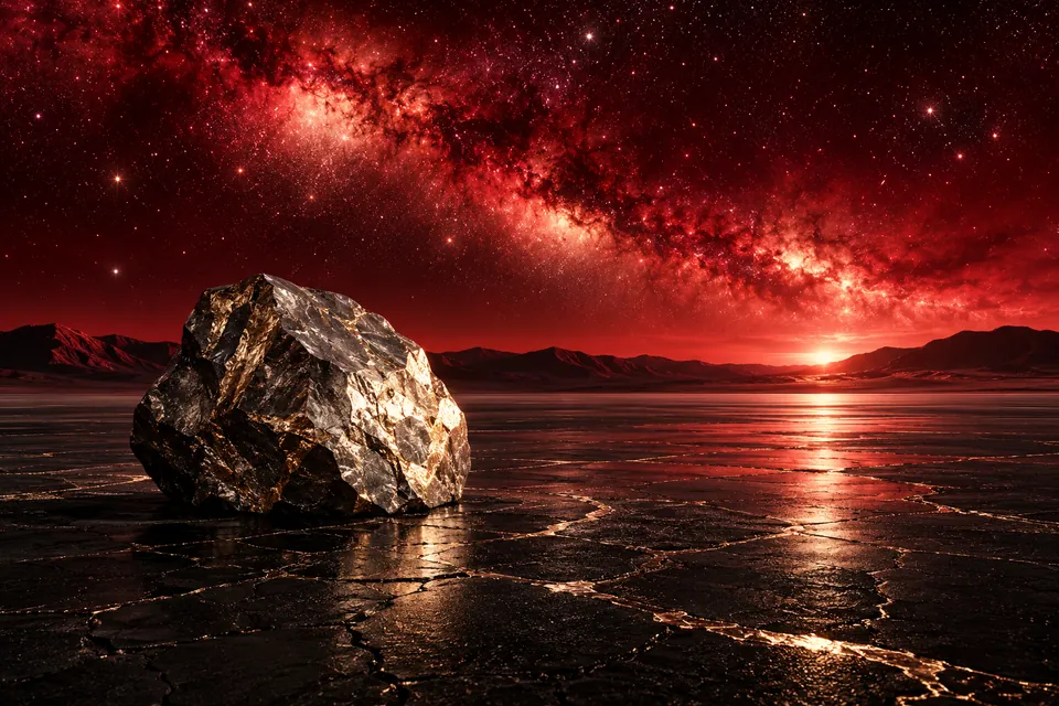 Original symbolic landscape inspired by Nevada: a solitary silver desert boulder on black playa beneath vast crimson starswept sky, dramatic empty desert geometry, polished mineral texture.