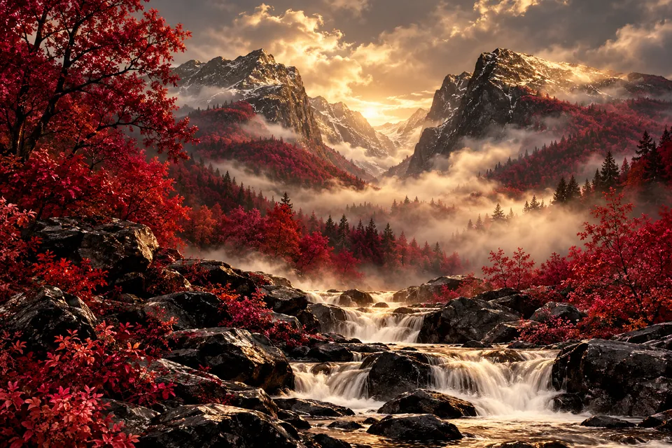 Original symbolic landscape inspired by New Hampshire: a mountain notch framed by crimson autumn forest and silver mist, a small ivory stream cascades over black stones in foreground.