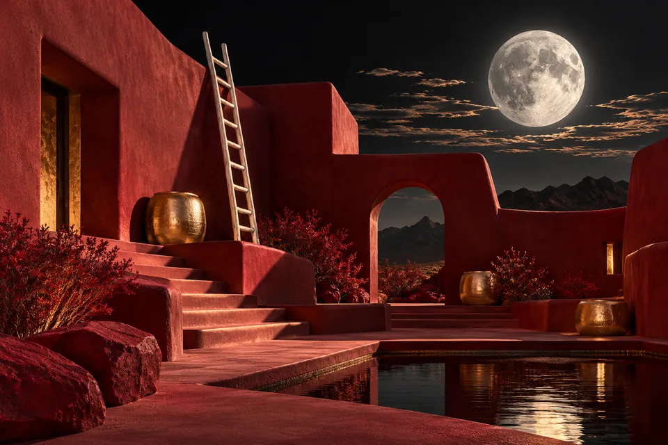 Original symbolic landscape inspired by New Mexico: an adobe-inspired sculptural courtyard rendered in deep crimson clay with ivory ladder and silver desert moon, angular shadows, no text.