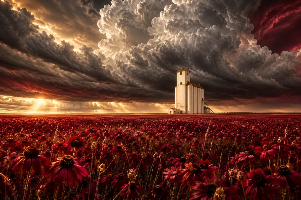 Original symbolic landscape inspired by North Dakota: a field of crimson prairie flowers surrounds a solitary ivory grain elevator beneath immense silver storm clouds, far horizon and low viewpoint.