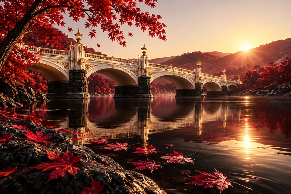 Original symbolic landscape inspired by Ohio: a graceful ivory river bridge with dark stone piers reflected in calm black water, crimson maple leaves drifting at foreground, clear dawn.