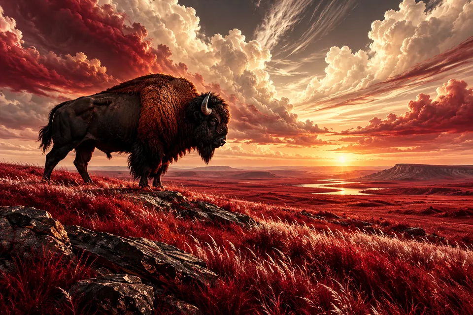 Original symbolic landscape inspired by Oklahoma: a powerful dark bison stands alone on a crimson prairie beneath sweeping ivory clouds and silver dawn, side profile with ample landscape.