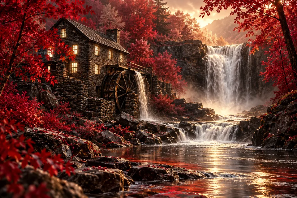 Original symbolic landscape inspired by Pennsylvania: an old dark stone mill beside a silver waterfall and crimson forest, ivory window glow, intimate autumn valley composition.