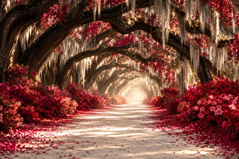 Original symbolic landscape inspired by South Carolina: an avenue of dark live oaks arches over an ivory sandy path with crimson azaleas and silver Spanish moss, deep luminous tunnel.