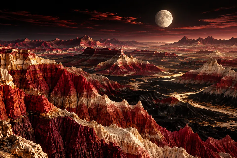 Original symbolic landscape inspired by South Dakota: jagged Badlands ridges in crimson and ivory mineral layers with black valleys, a solitary silver moon above, sculptural aerial perspective.