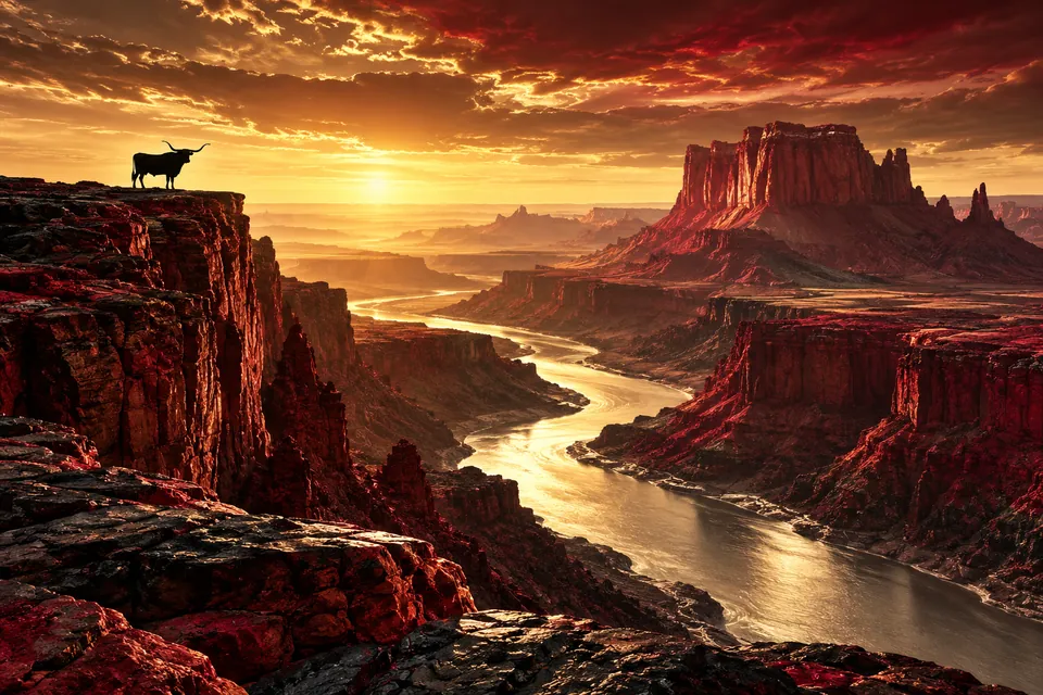 Original symbolic landscape inspired by Texas: a crimson desert mesa rises beyond a silver river gorge with a lone black longhorn silhouette on distant rim, vast gold-lit horizon.
