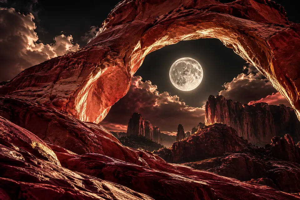 Original symbolic landscape inspired by Utah: a towering natural crimson sandstone arch frames a silver moon and black desert cliffs, close upward viewpoint with luminous edges.