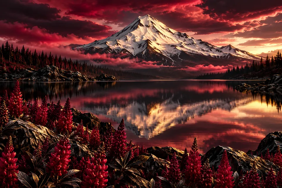 Original symbolic landscape inspired by Washington: a silver snow-capped volcano rises above a black lake with crimson lupines in foreground, dramatic reflected peak and rose cloud bands.