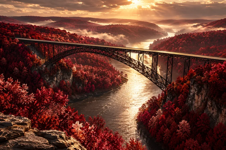 Original symbolic landscape inspired by West Virginia: a long dark steel arch bridge spans a silver river gorge among crimson forests, strong overhead diagonal viewpoint.