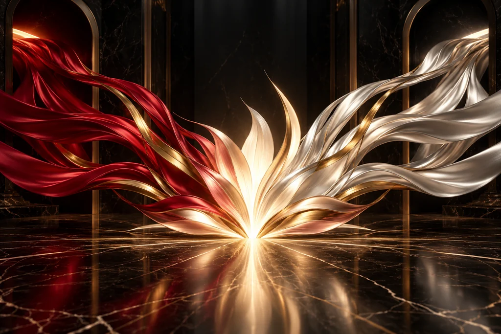 Crimson, gold, and silver strands converge into a luminous sculptural bloom.