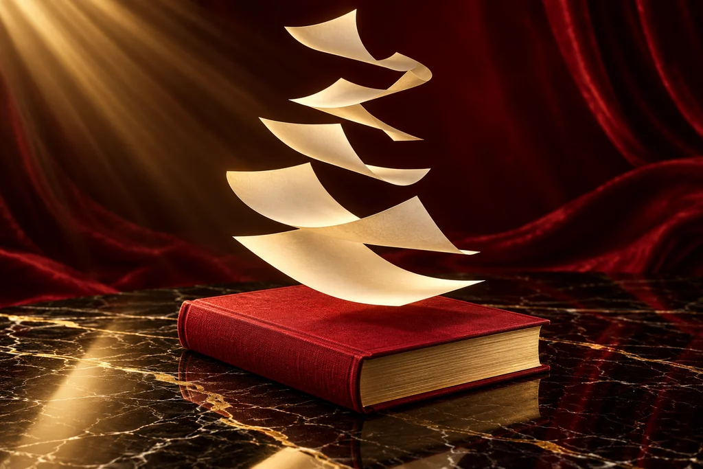 Ivory pages spiral upward from a closed crimson book like a sculptural conversation.