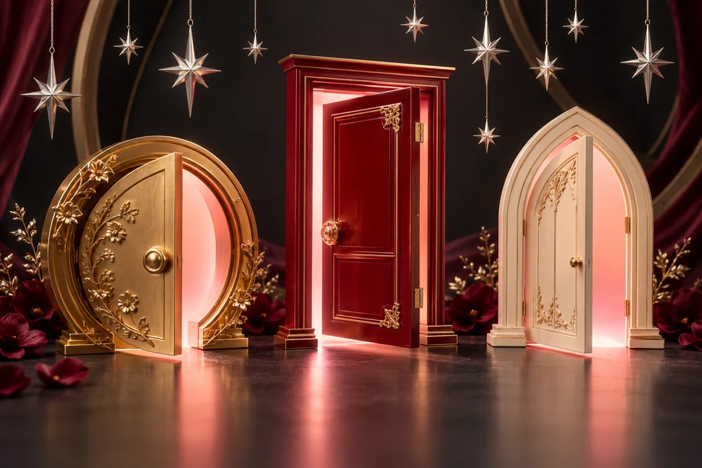 Three small luminous doors open from a playful crimson and gold storybook sculpture.