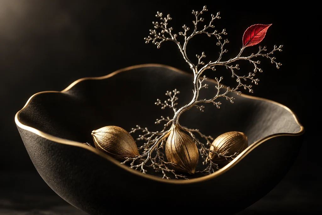 Three golden seeds rest beneath a finely branching silver root sculpture.