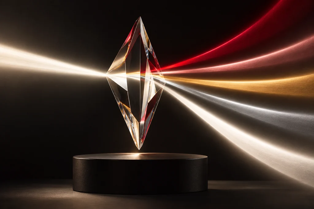 A luminous gold prism turns one ivory beam into several distinct crimson and silver paths.