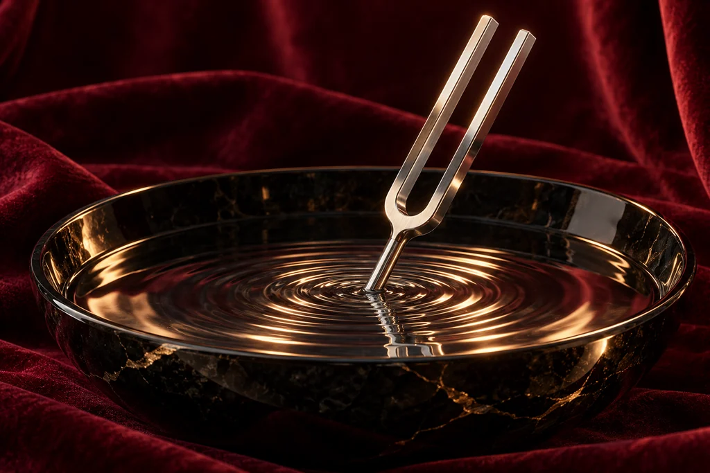 A silver tuning fork creates delicate ripples in a dark reflective bowl.