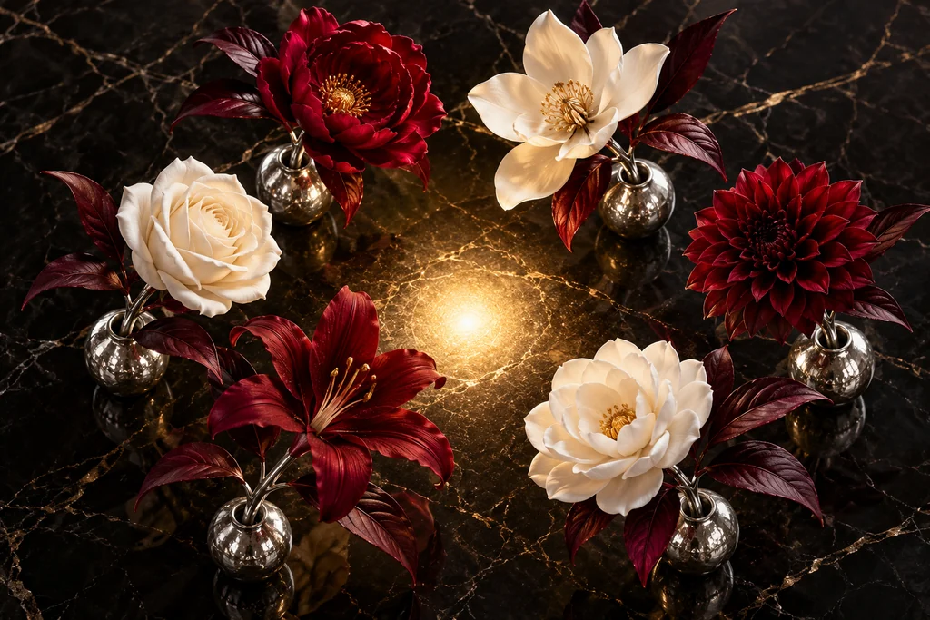 Six distinct crimson and ivory flowers lean toward a shared pool of light.