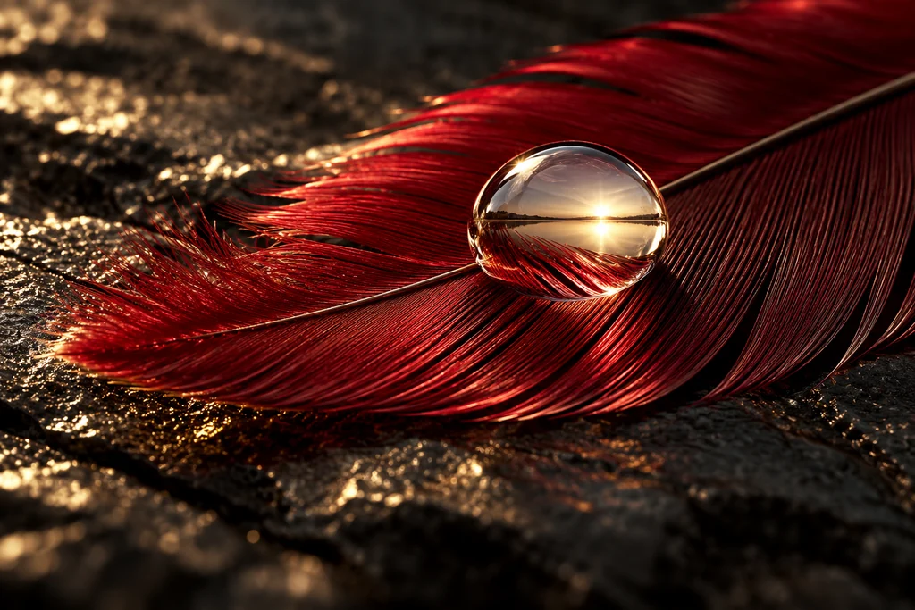 A single dew drop on a crimson feather reflects a luminous ivory horizon.