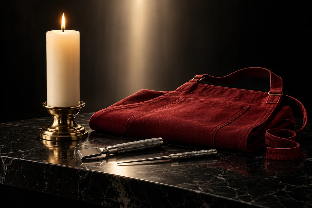 A single upright ivory candle illuminates a quiet crimson work apron and silver tools.