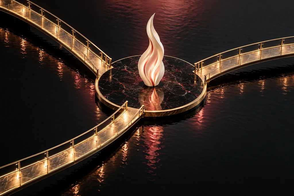 Three elegant bridges meet at a luminous island above dark still water.