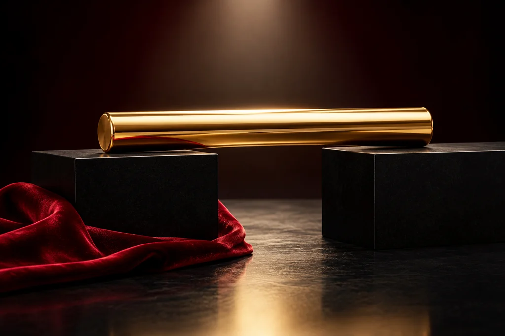 A polished golden baton rests across two separate dark supports.