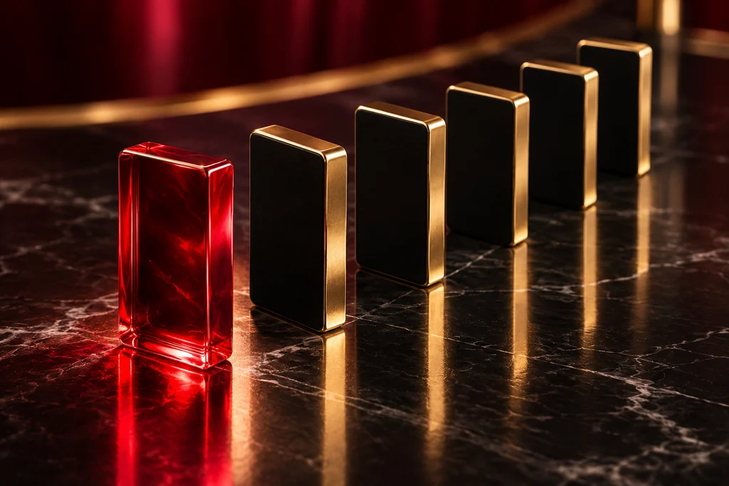 One luminous ruby domino begins a carefully spaced sequence of dark stones.