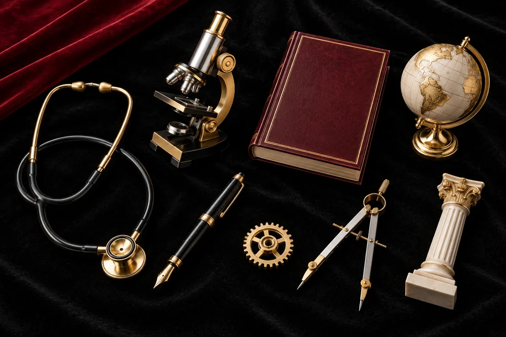 Eight small distinct gold tools form a precise purposeful arrangement on black velvet.