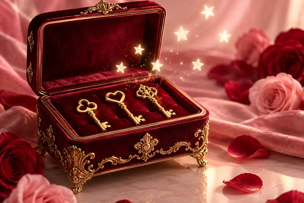 Small jeweled keys rest beside a bright open music box with tiny golden stars.