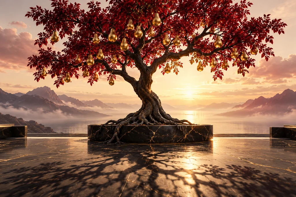 A small crimson tree bears luminous golden fruit and casts a long branching shadow.