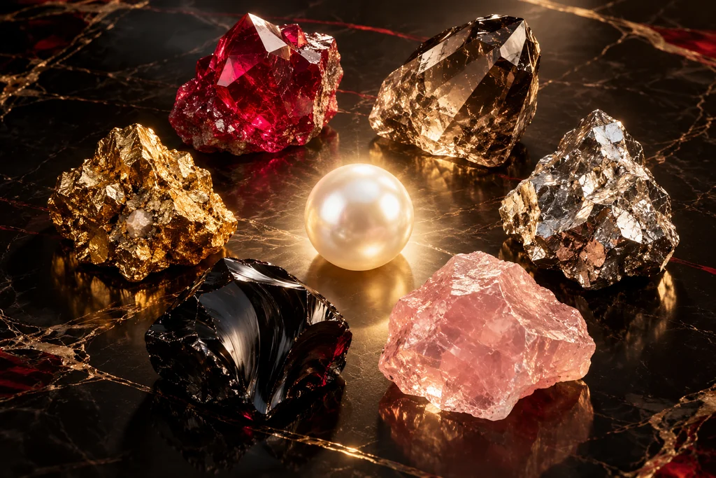 Distinct crimson, silver, and gold gemstones arranged in a luminous circle around an ivory light.