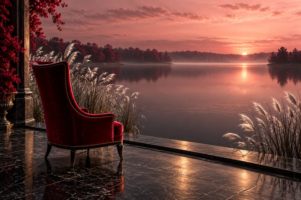 A single empty crimson chair faces a broad quiet lake under a silver and rose dawn.