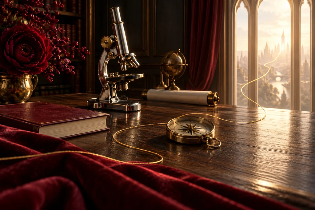 A single luminous golden thread passes through different tools of service toward a quiet open window.
