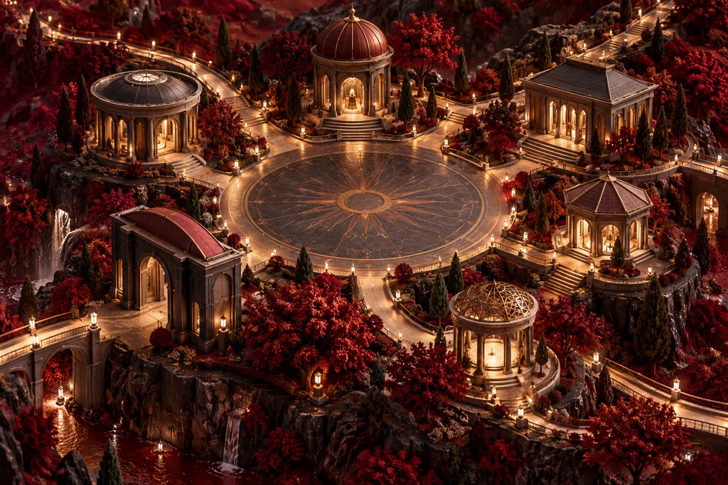 A sculptural miniature gathering place connected by illuminated pathways across dark terrain.