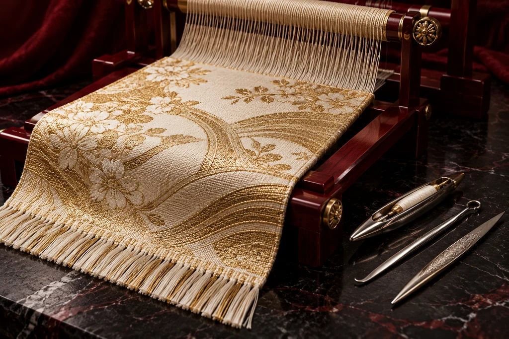 A completed gold woven tapestry rests on a crimson loom beside carefully arranged tools.